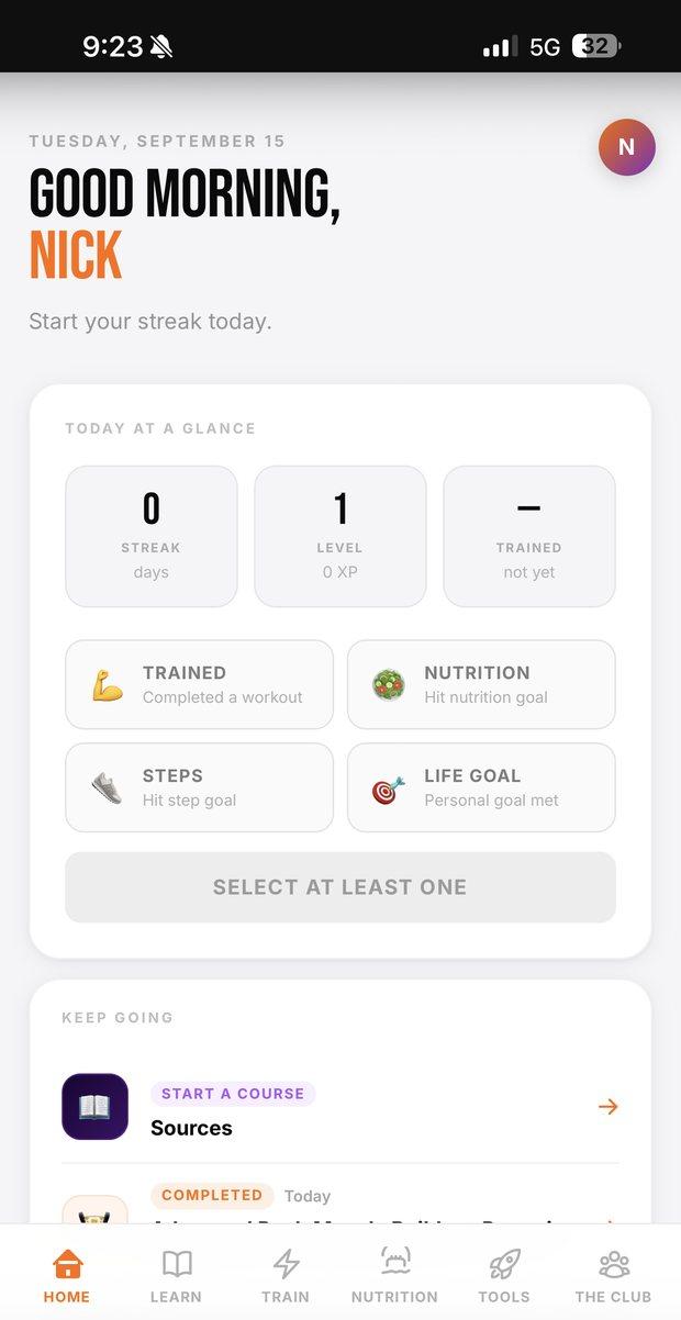 Locked In Club home screen showing daily check-in, streak and course progress
