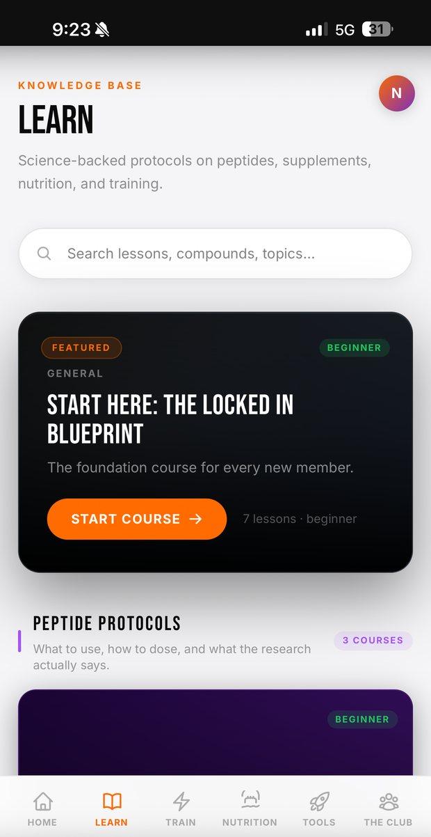 Locked In Club knowledge base with searchable lessons and course categories