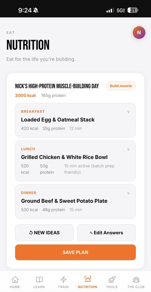 Locked In Club nutrition screen with the meal plan builder and a saved plan