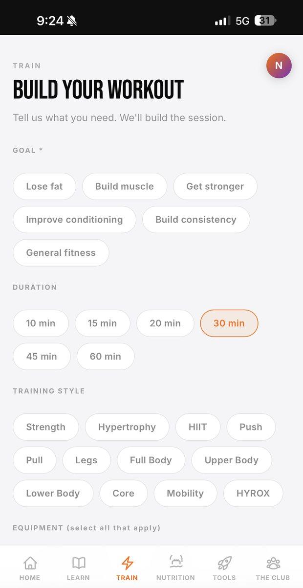 Locked In Club workout builder with goal, duration and training style options